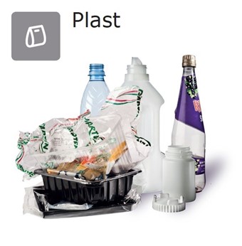 Plastemballager fra mad.
Plastiklåg.
Plastflasker.
Plastbøtter.
Plastdunke.
Plast/husholdningsfilm.
Plastposer.
Legetøj af plastik.
Bobleplast.
Det som ikke kan komme i beholderen skal afleveres i containergåden ved plast